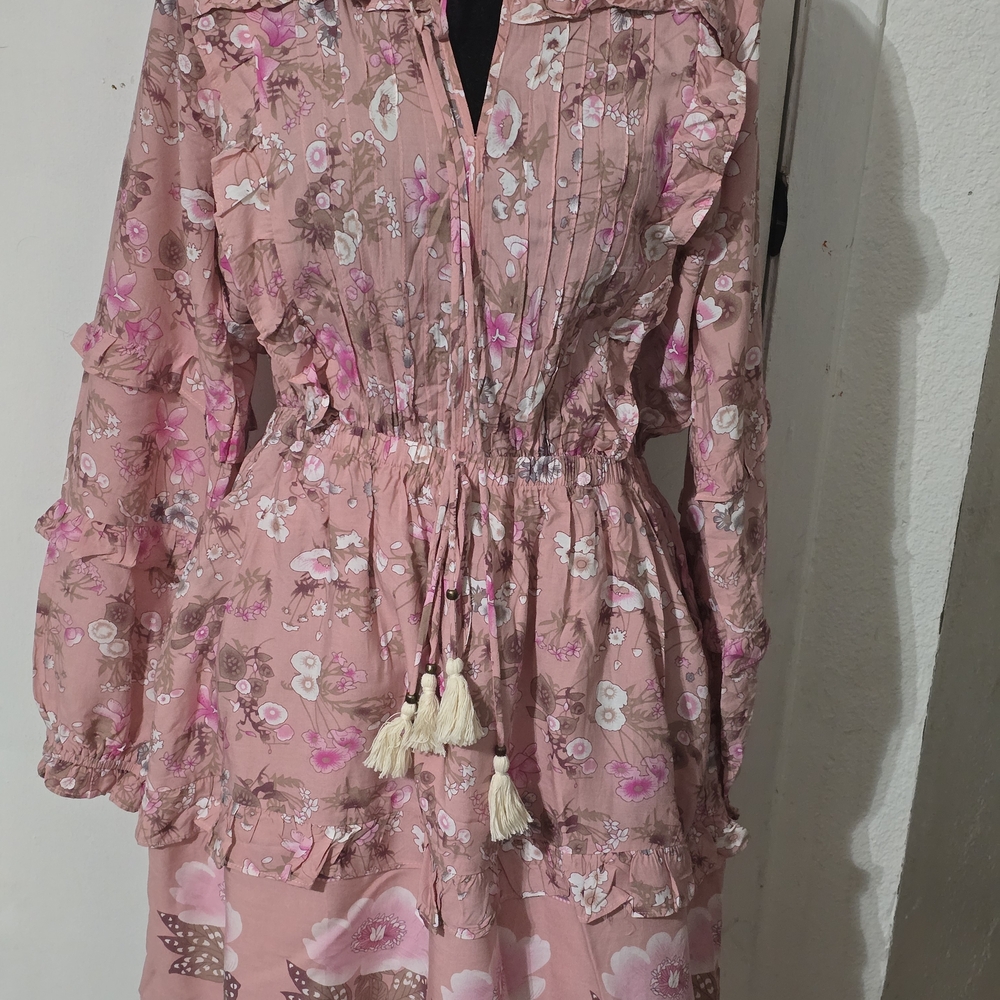 Floral Pink Boho Dress Long Sleeve, Sz S fit Is a M - Picture 6 of 6